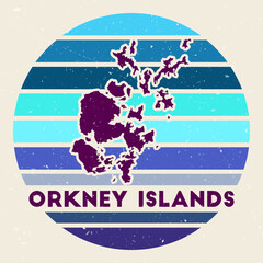 Orkney Islands logo. Sign with the map of island and colored stripes, vector illustration. Can be used as insignia, logotype, label, sticker or badge of the Orkney Islands.