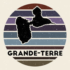 Grande-Terre logo. Sign with the map of island and colored stripes, vector illustration. Can be used as insignia, logotype, label, sticker or badge of the Grande-Terre.