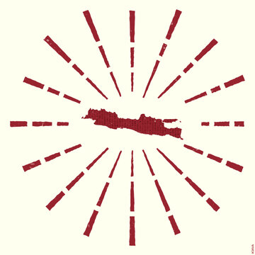 Java Logo. Grunge sunburst poster with a map of the island. Shape of Java filled with hex digits with sunburst rays around. Vibrant vector illustration.