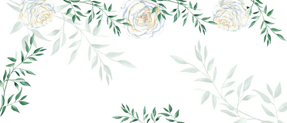 Rustic wedding watercolor banner. White creamy roses and greenery isolated on white background. Floral design frame. Can be used for wedding cards, banners, blog templates.