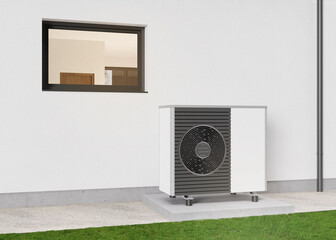 Air heat pump standing outdoors. Modern, environmentally friendly heating. Save your money with air pump. Air source heat pumps are efficient and renewable source of energy. 3d rendering.