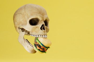 Fast food can lead to death. a man's skull eats a hamburger. copy paste, copy space. 3D render
