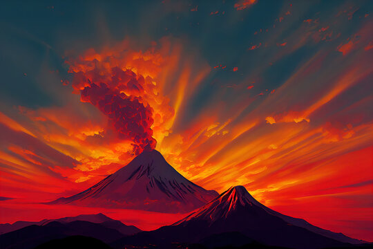 Massive Volcano Eruption. A large volcano erupting hot lava and gases into the atmosphere. 3D Illustration.