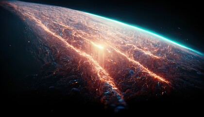 Planet surface from space with light breaking. 3d digital art.