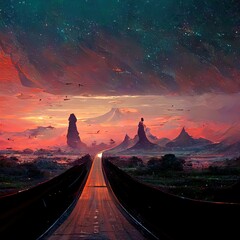 Painted cloudscape at twilight with road. Illustration.