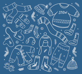 A collection of winter clothes in a linear style on a blue background. Sweater, hat, mittens, socks, felt boots, jacket, pants. Isolated vector illustration. Set for various designs
