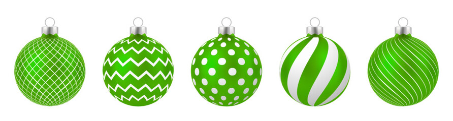 Set of Realistic green Christmas balls with ornament isolated on white background.