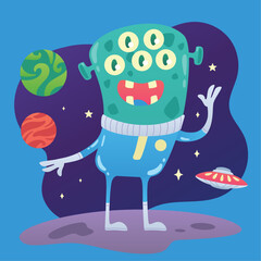 Cute green alien character with 5 eyes Vector