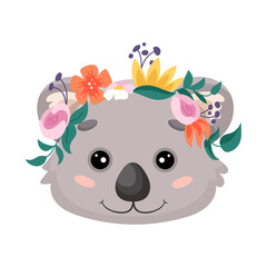 Cute animal face with flower crown for nursery design, birthday greeting cards, baby shower posters or print textile. Dog, horse, alpaca, koala, cat, fox, bear, rabbit, Lion panda tiger sloth 