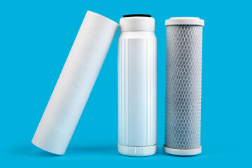 filter cartridges for water on a bright blue background.