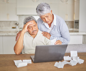 Stress, senior couple and laptop with finance paper and taxes for financial security investment....