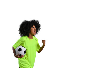 woman holding soccer ball, shouts celebrating with closed hand, big afro hair, flourishing green...