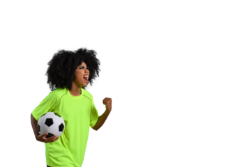 woman holding soccer ball, shouts celebrating with closed hand, big afro hair, flourishing green uniform