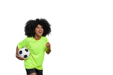 woman holding soccer ball, shouts celebrating with closed hand, big afro hair, flourishing green uniform