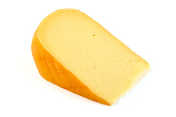 Hard Dutch gouda cheese, isolated on white background.