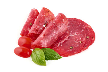 Spanish salchichon. Salami sausage, isolated on white background.