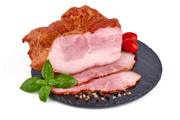 Smoked pork loin with slices rustic style, isolated on white background.