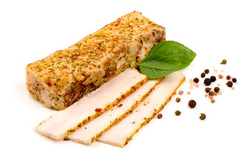 Homemade smoked pork fat with spices, isolated on white background.