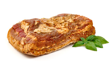 Homemade smoked porkbrisket with garlic and spices, isolated on white background.