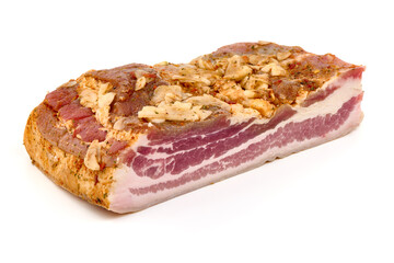 Homemade smoked porkbrisket with garlic and spices, isolated on white background.