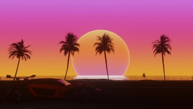 Side view of supercar moving along the ocean side of the road with coconut palm trees in sunset. 3d Synthwave animated background. Seamless loop.