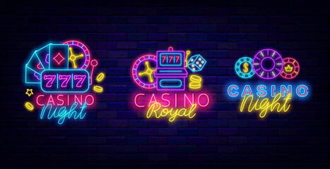 Casino night neon signs collection. Royal casino with roulette. Jackpot and chips. Vector stock illustration © Anastasia Gapeeva