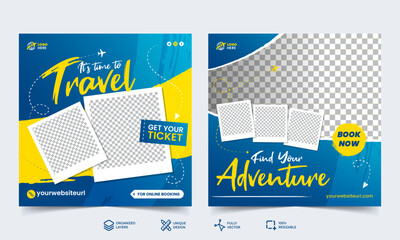 Travel and tourism social media banner post template design with abstract background for travelling business marketing. Social media marketing banner template set.