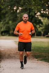 Fototapeta premium Athletic young man running in nature. Healthy lifestyle