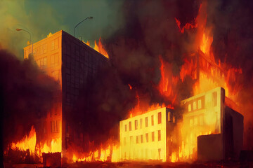 Destroyed City on Fire. Fire in burning buildings. Nuclear radioactive armageddon