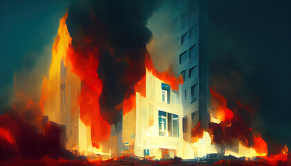 Destroyed City on Fire. Fire in burning buildings. Nuclear radioactive armageddon