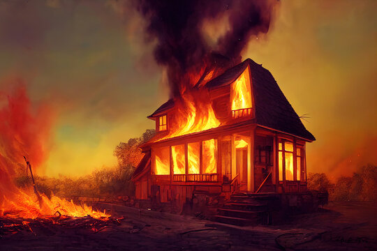 Destroyed City on Fire. Burning wooden house. Nuclear radioactive armageddon