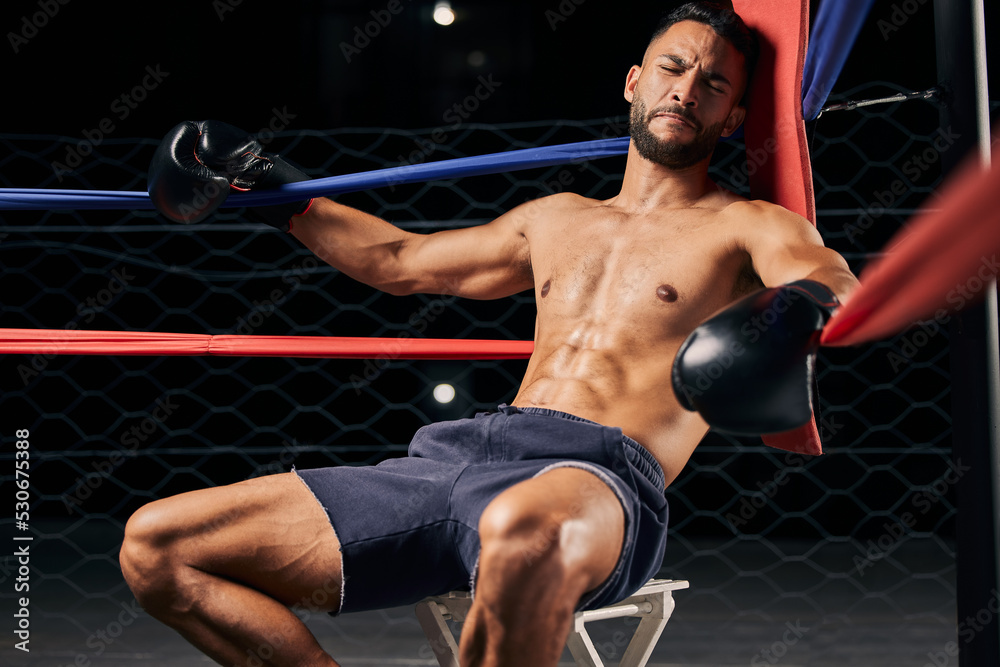 Poster Sports, defeat and boxer tired in a boxing ring after fighting competition, fitness or training workout. Boxing man in pain, fatigue and sad or hurt after exercise or gym exhibition match failure