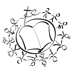 people of the whole world united by the salvation and love of Christ, open Bible and a flying bird, abstract pattern on a white background