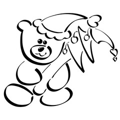 cute bear in a cap with a heart holds a Christmas tree in its paws, black outline