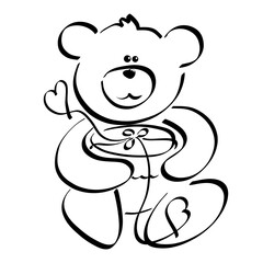 funny plump bear sits and holds in its paws a round box with hearts on a ribbon, black outline