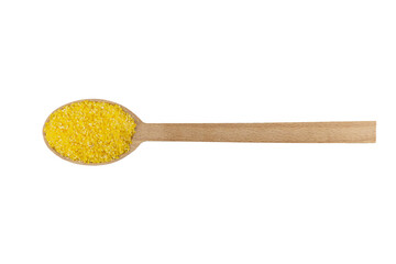 corn grits on wooden spoon isolated on white background. nutrition. food ingredient.