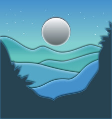 Nature mountain landscape scenery with full moon poscard background paper art style