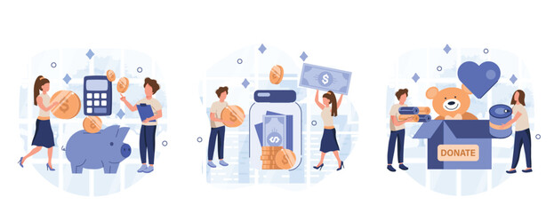 Fototapeta na wymiar Characters donating money for charity, collecting gold coins in piggy bank, putting clothes and food in donation box. Charity support and saving money concept. Flat cartoon vector illustration.