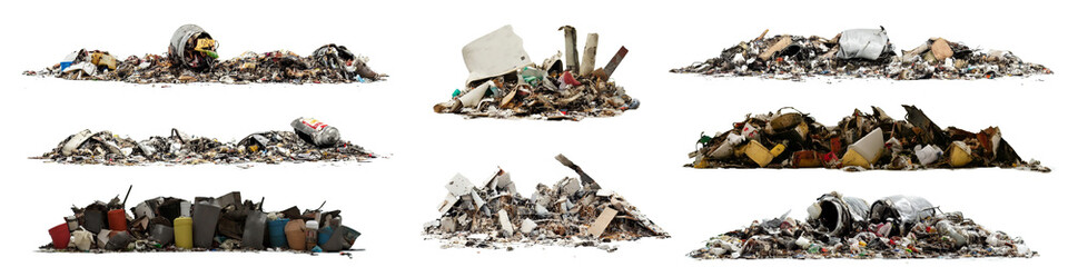 pile of trash, garbage heap isolated on white background - obrazy, fototapety, plakaty