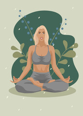 Girl yoga in the lotus position with leaves in faceless style
