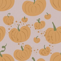 cute illustration, a lot of magical, halloween, orange pumpkins fly in the air on a gentle, beige background