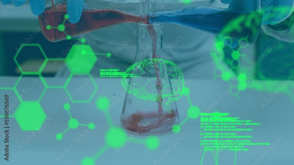 Poster animation of data processing over scientist in lab
