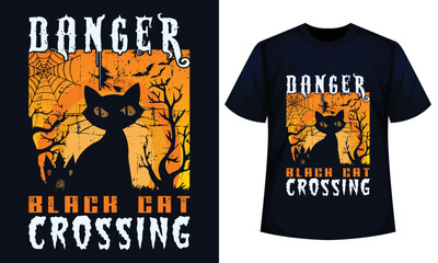 Danger Black cat crossing Amazing Halloween t-shirt Design
