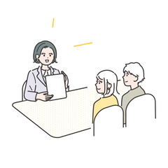 Fototapeta premium 若い夫婦へ提案するビジネスウーマンのイラスト素材