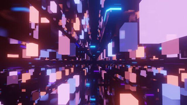 Data flow. Big data or blockchain digital space. Fly through hi-tech futuristic environment or neon tunnel, complex sci-fi structure. 3d seamless background in 4k. Information stream concept.