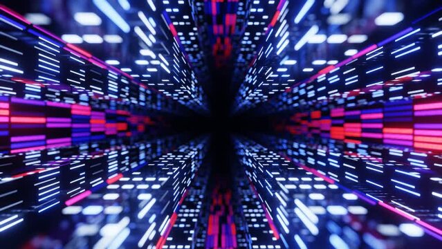Fly through mirror designs form tunnel technology cyberspace with neon glow. Sci-fi flight through design complexity. Neon light. 3d looped seamless 4k bright background.