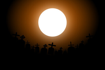 Full moon landscape with orange color with graves