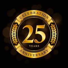 25 Year Anniversary celebration template design, with shiny ring and gold ribbon, laurel wreath isolated on black background, logo vector