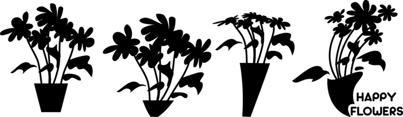 Clipart set of houseplants wlowers in pot. Isolated black silhouette