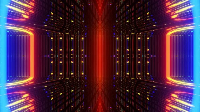 Vj loop neon room. Mirror room with moving neon light. light. Abstract festive bg with bright reflection. Dark room disco lights. Seamless looped bg with neon light. Night club bright neon style bg.